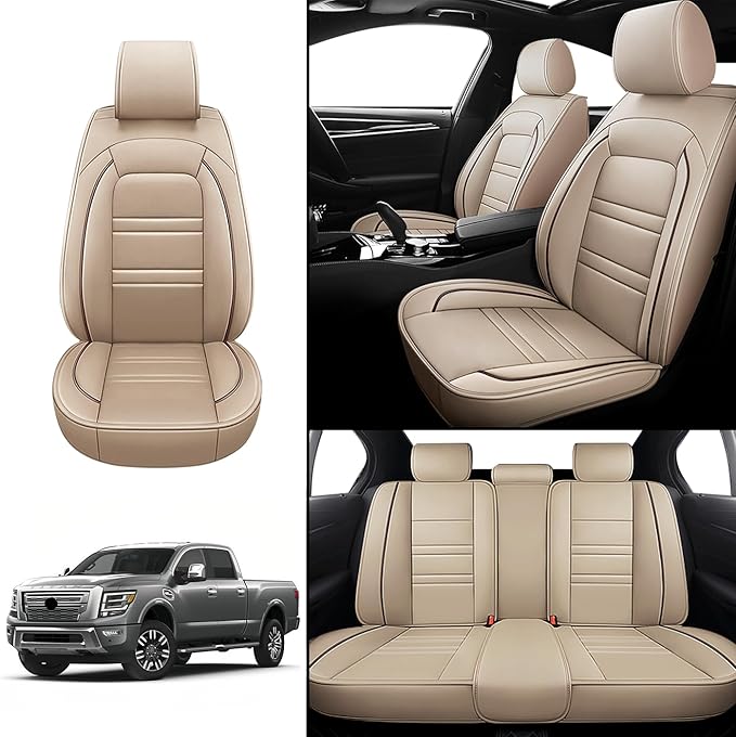 Seat Covers for Nissan Car Titan 2004-2024 | 5-Seats Leather Seat Covers, Easy to Install Automotive Seat Covers Full Set (Full Set, Beige)