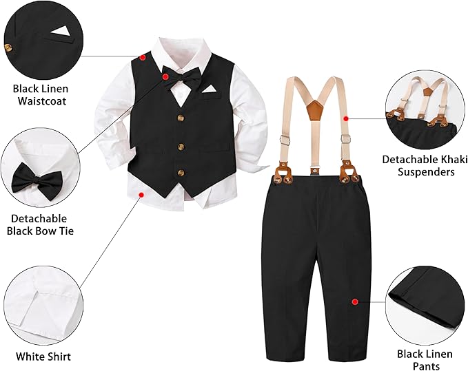 SANGTREE Boys Cotton Linen Suit Formal Set Baby Clothes Boy Gentleman Wedding Ring Bearer Outfits, 3 Months - 9 Years