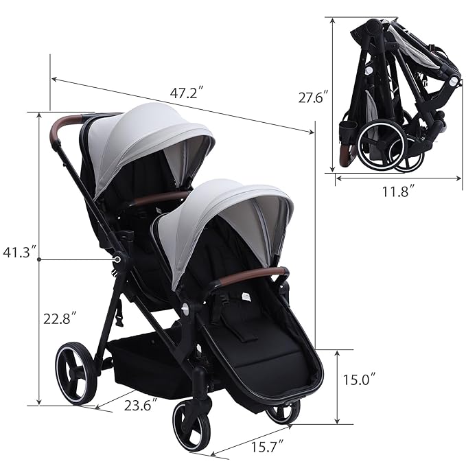 Tandem Double Stroller Newborn and Toddler, Foldable Twin Stroller with Reversible Seat, 5-Point Safety Harness, Adjustable Backrest & Canopy, Storage Basket, Light Grey