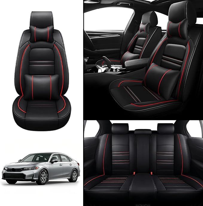 Car Seat Covers for Honda Civic 2001-2025 | 5-Seats Seat Covers, Waterproof Seat Protectors, Automotive Seat Covers (Full Set with Pillow,Black&Red Line)
