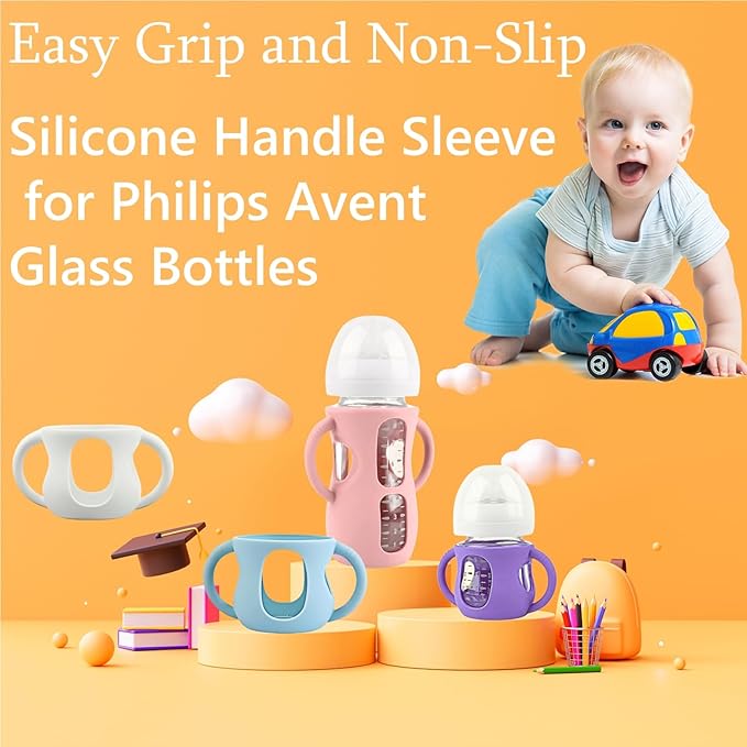 4 Pack Silicone Sleeves for Avent Natural Glass Baby Bottles, Silicone and Easy-Grip Handles for Drop Protection, Compatible with Philips Avent 4/8 OZ Glass Bottle (2 White+2 Blue, 8 OZ)