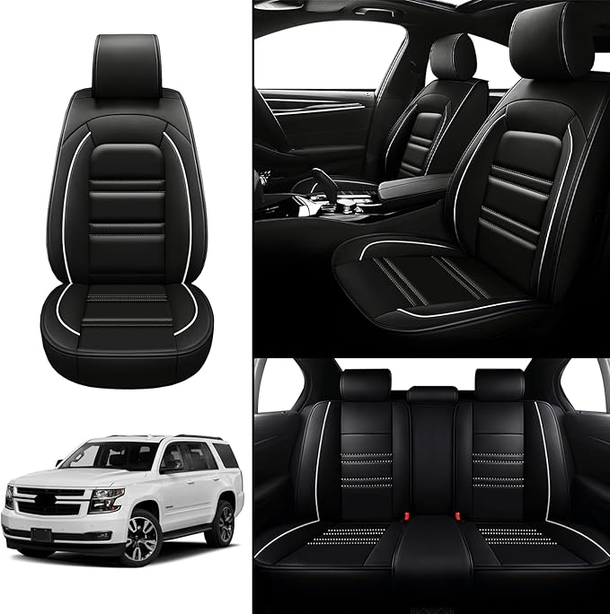Seat Covers for Chevy Tahoe 1995-2025 | 5-Seats Leather Seat Covers, Easy to Install Automotive Seat Covers Full Set (Full Set, Black&White Line)