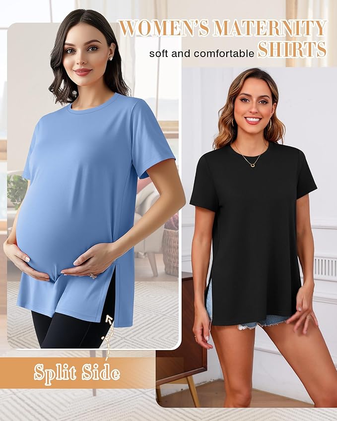 Ficerd 3 Pack Women's Maternity T Shirts, Short Sleeve Side Split Pregnancy Tops Casual Crew Neck Pregnant Tees Mama Clothes