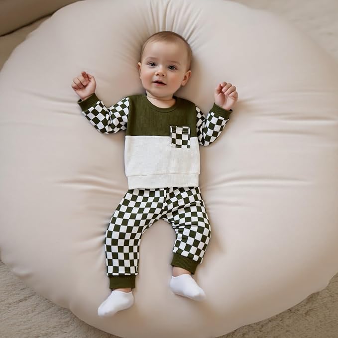 Toddler Baby Boy Fall Clothes Waffle Outfit Long Sleeve Color Blocking Sweatshirt Pullover Jogger Pant Set