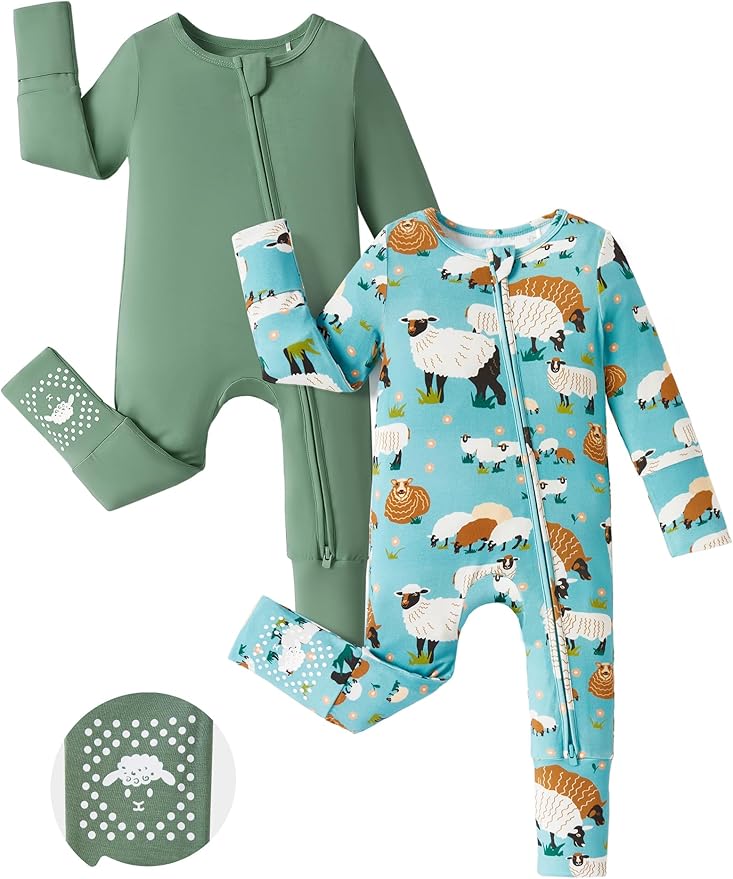 PATPAT Baby Footie Romper with Mittens for Boy and Girl, Anti-Slip & 2-Way Zipper, Long Sleeve, Viscose from Bamboo, Outfit