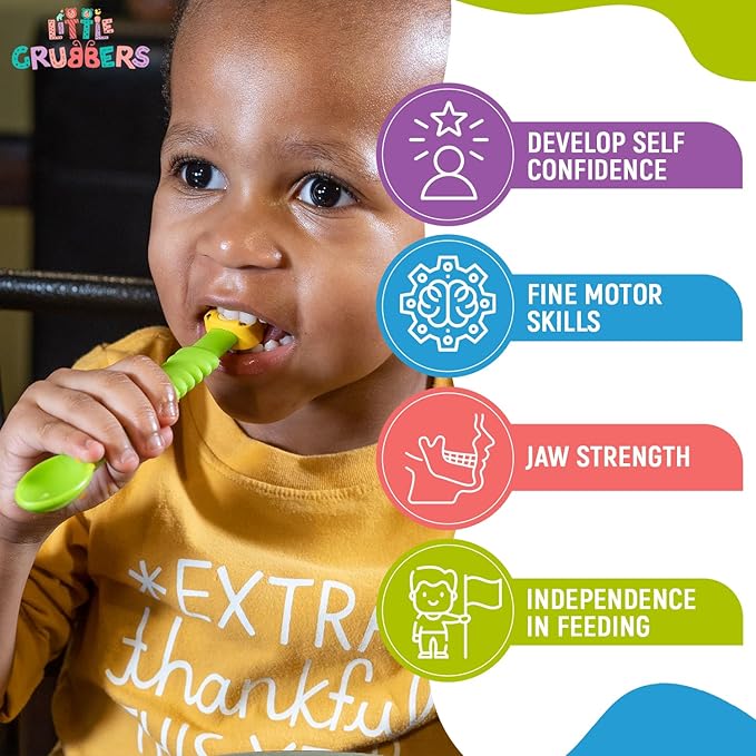 3-in-1 Silicone Baby Spoon Self Feeding 6+ Months - Pediatric OT Designed Teether Spoon, BPA Free Toddler Utensils, Mess-Free, Fun for Baby Led Weaning Supplies, Dog & Tiger