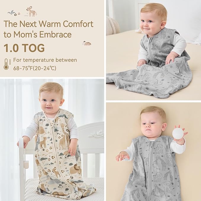 Baby Sleep Sack 18-24 Months 1.0 Tog Baby Wearable Blanket 100% Cotton Sleeping Sack with 2-Way Zipper for Toddler Infant Apricot & Gray Elephant