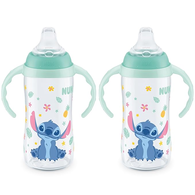 NUK Learner Cup, 10 Oz, Pack of 2, Disney's Stitch – Soft Spout, Easy-Grip Handles, BPA Free, Spill Proof Transition Sippy Cup