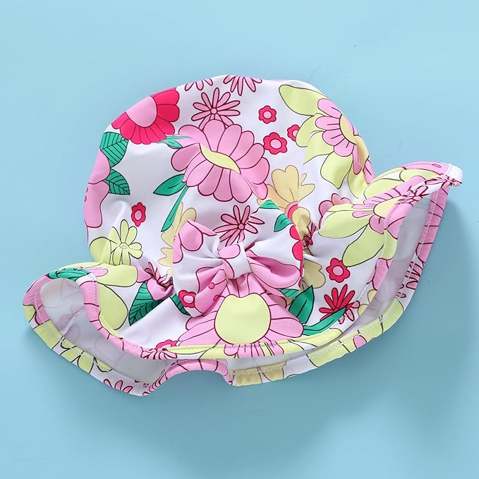 Infant Baby Girl Swimsuit One-Piece Long Sleeve Rash Guard with Hat Set Floral Zipper Bathing Suit Leopard Beach Wear