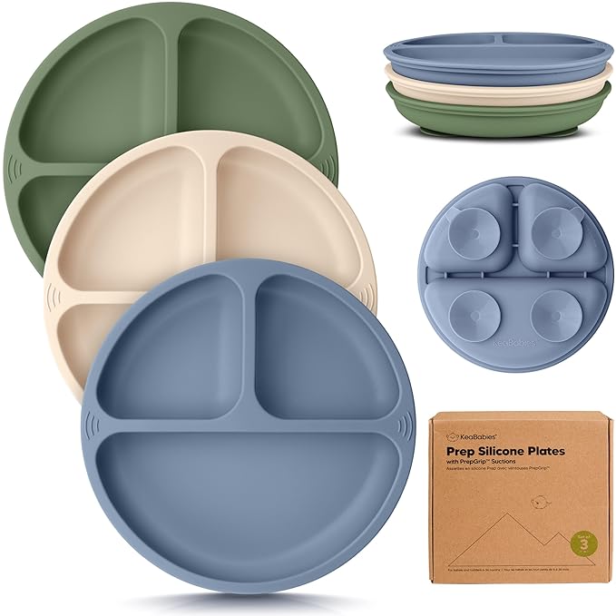 KeaBabies Suction Plates for Baby, Toddler - 3-Pack 100% Silicone Toddler Plates with Suction, Divided, BPA-Free Baby Led Weaning Essentials for Kids, Dishwasher, Microwave Safe, Durable (Slate)