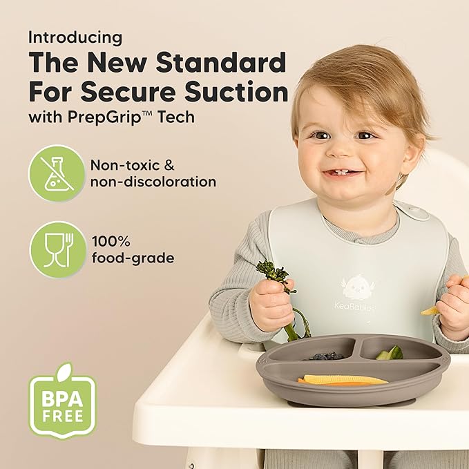 KeaBabies Suction Plates for Baby, Toddler - 3-Pack 100% Silicone Toddler Plates with Suction, Divided, BPA-Free Baby Led Weaning Essentials for Kids, Dishwasher, Microwave Safe, Durable (Rocky)
