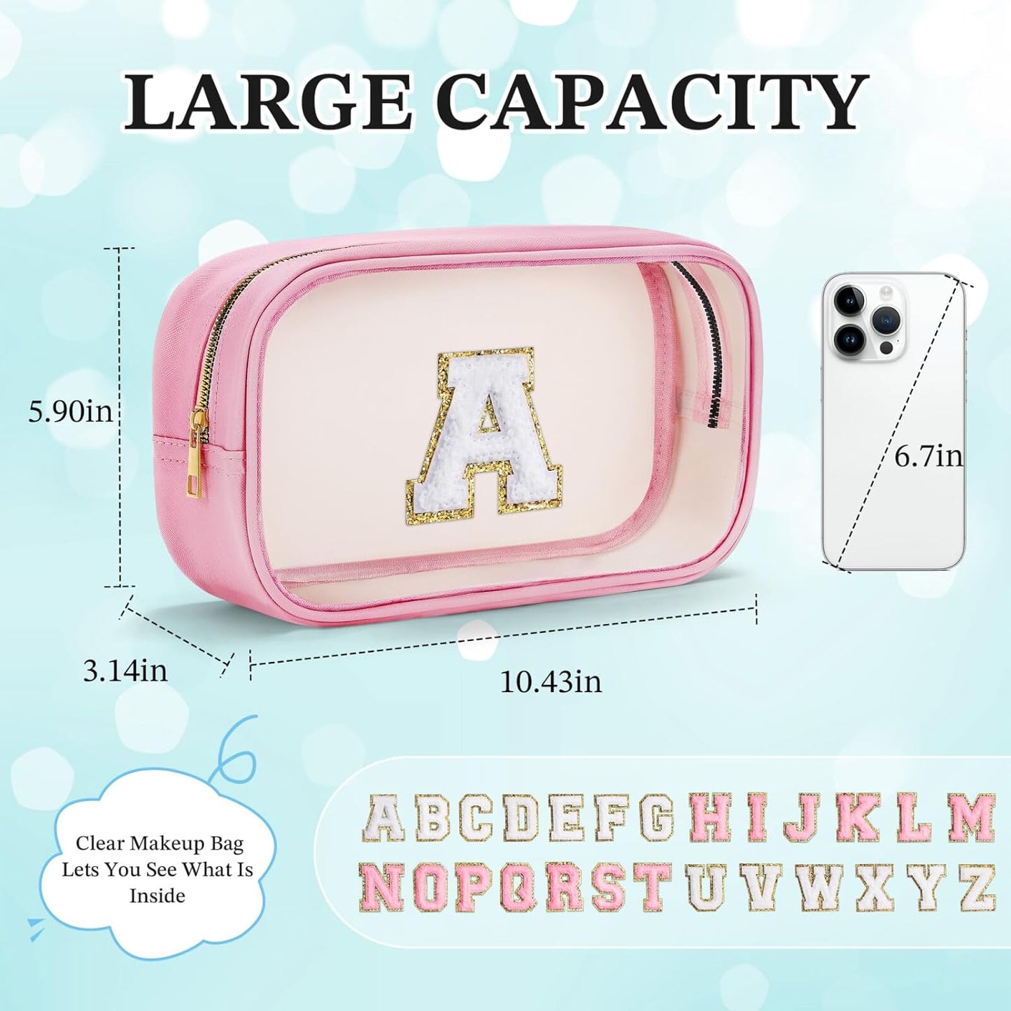 YOOLIFE Travel Toiletry Bag for Women, Pink Clear Makeup Bag Cute Make Up Bag for Women Cosmetic Bags Skin Care Makeup Bag Organizer Birthday Gifts for Women Teacher Mother Girlfriend Initial P