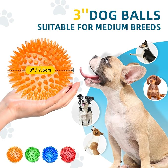 SHARLOVY 3'' Squeaky Balls for Small Dogs, 4 Colors Spiky Dog Balls for Puppy - Image 4