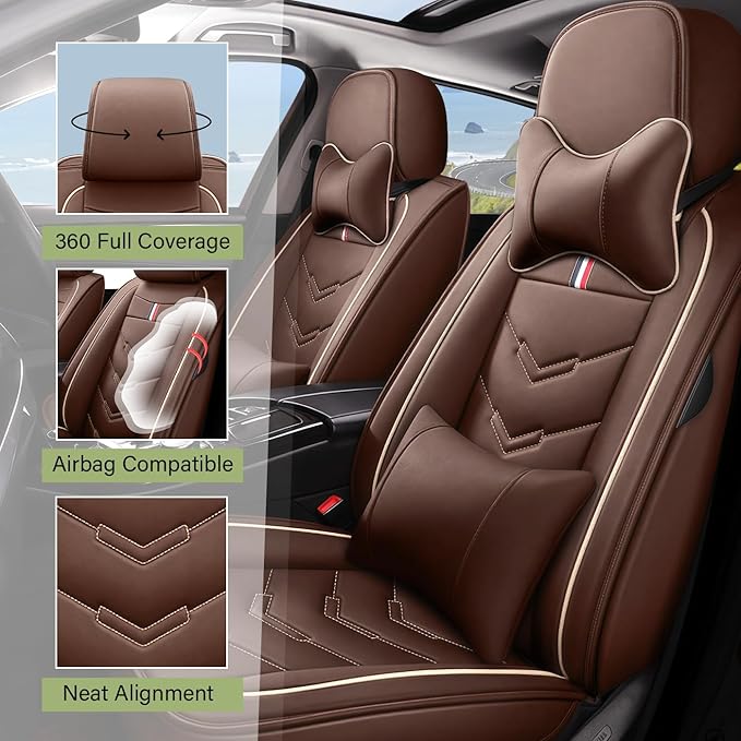 Leather Car Seat Covers Fit for LR Range Rover Evoque 2019-2025, 5 Seater Waterproof and Wear-Resistant Seat Cover Interior Accessories(Full Set with Pillow,Coffee)