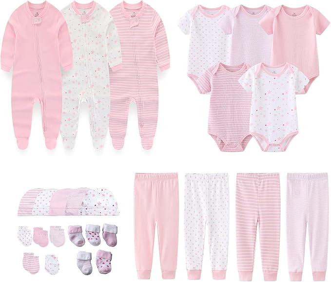 Newborn Layette Gift Set 27-Piece Baby Girl Clothes Bodysuits, Pants Essentials and Accessories 0-12Months
