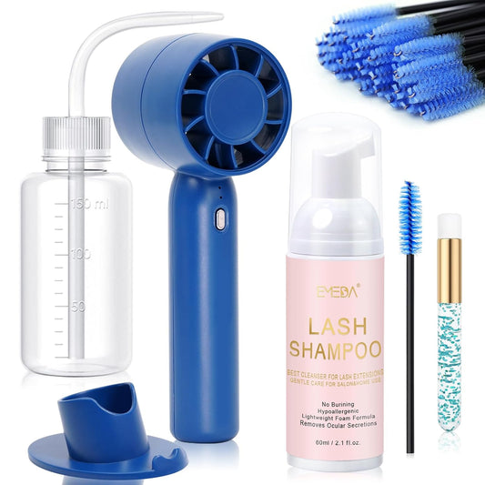 EMEDA Lash Shampoo Kit 2.02 fl oz Lash Cleaning Kit with Rechargeable Fan Dryer/Brush/Rinse Bottle, Oil-free Cleanser Wash for Extensions & Clusters & Natural Lashes, Cleaner for Eyelash Care(Blue)