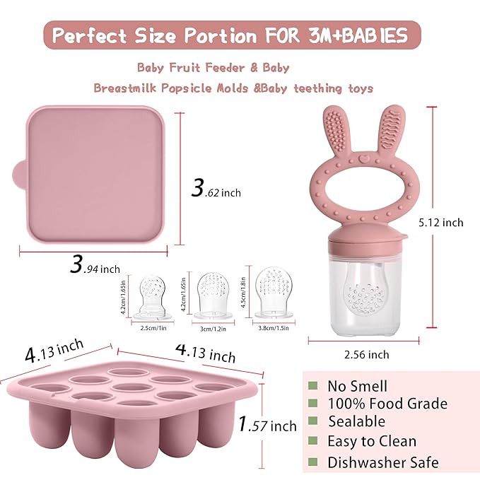 WAJIAYON Easter Bunny Baby Breastmilk Popsicle Molds & Baby Fruit Feeder,Food Freezer Tray Storage Containers, Silicone Teething Pacifier Feeder and Teether for Babies,Gifts for Boys and Girls-Purple