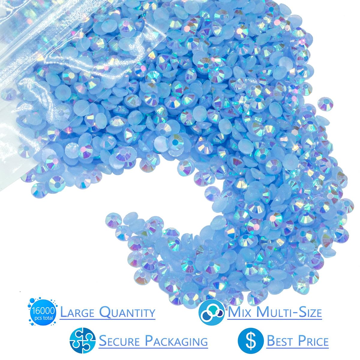 16000PCS Light Blue AB Resin Rhinestones for Crafting 3mm 4mm 5mm Baby Blue Flatback Jelly Stones Bulk SS10 SS16 SS20 Diamonds for Nails Face Eyes Makeup Tumblers Bottles DIY Crafts Clothes