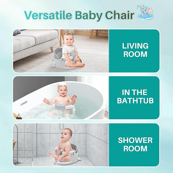 Inaya Baby Bath Seat for Babies 6 Months & Up, Non-Slip, Safe and Comfortable Bathub Chair for Sitting-Up, Ideal Open Design – Essential Bath Time Support (Grey)