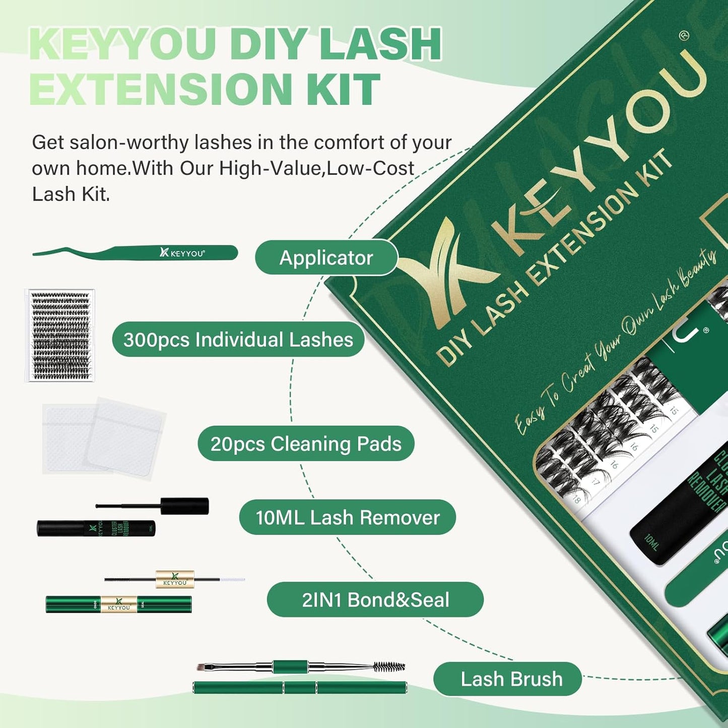 KEYYOU Lash Extension Kit DIY 300Pcs Lash Clusters Eyelash Extension Kit 50D C Curl 9-18MIX Lash Clusters Kit with Lash Glue Remover Applicator Easy to Use for Beginners(Kit,50D-C,9-18MIX)
