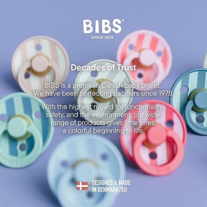 BIBS Pacifiers - Studio 2 Pack | Round Nipple Baby Pacifier | BPA Free Natural Rubber Latex Soother | Made in Denmark | Size 6+ Months | Block Baby Blue Dusty Blue
