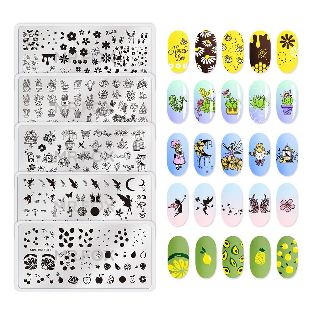 MR.FOX Nail Stamping Plate Set, 5Pcs Nail Art Stamp Kit Templates for Women with Plenty of Images