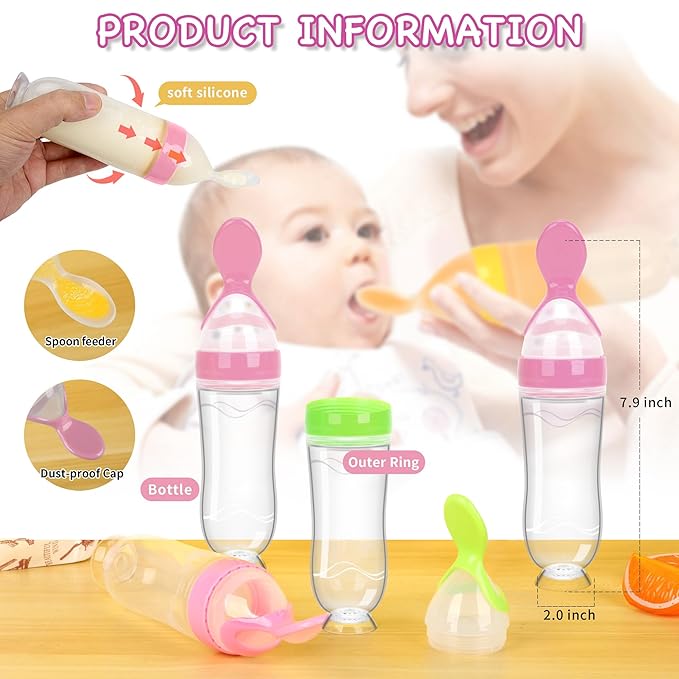 WAJIAYON Baby Food Feeder 4 Pack Silicone Baby Food Dispensing Spoon-3 oz Squeeze Feeding Spoons with Suction Cup for Boys Girl Kids Toddlers - Self Feeding Bottle Spoon-Pink
