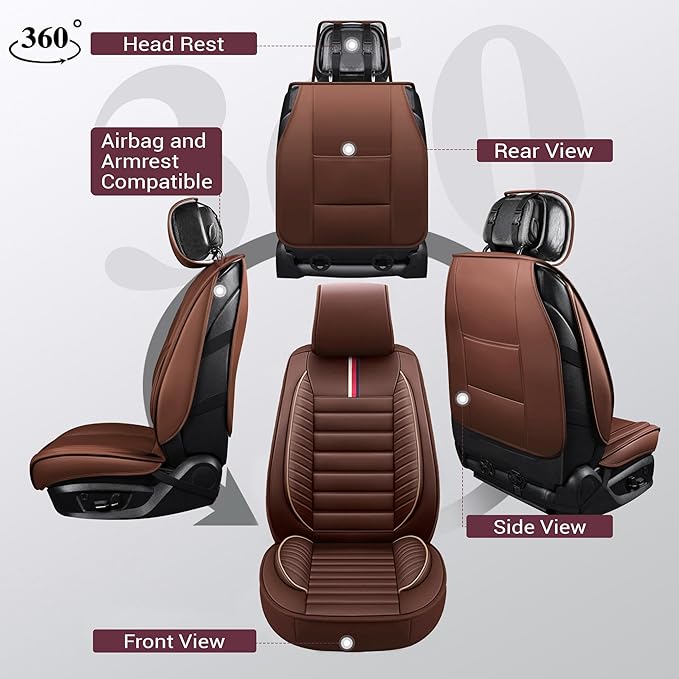 OASIS AUTO Car Seat Covers Premium Waterproof Faux Leather Cushion Universal Accessories Fit SUV Truck Sedan Automotive Vehicle Auto Interior Protector Full Set (OS-001 Brown)
