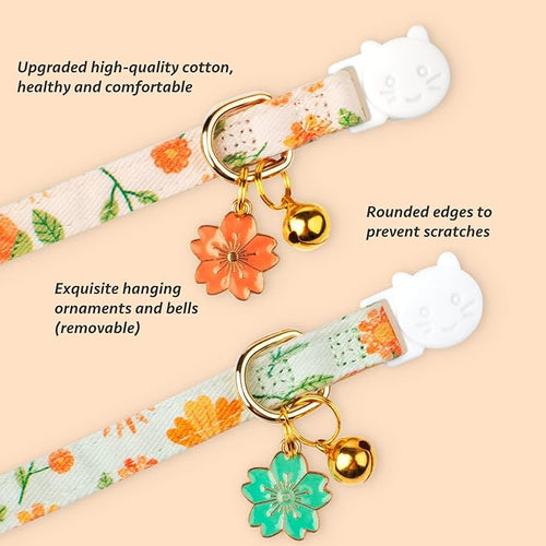 2 Pack Cotton Breakaway Cat Collar Beige and Green Flowers Pendant Cute Kitten - Image 2