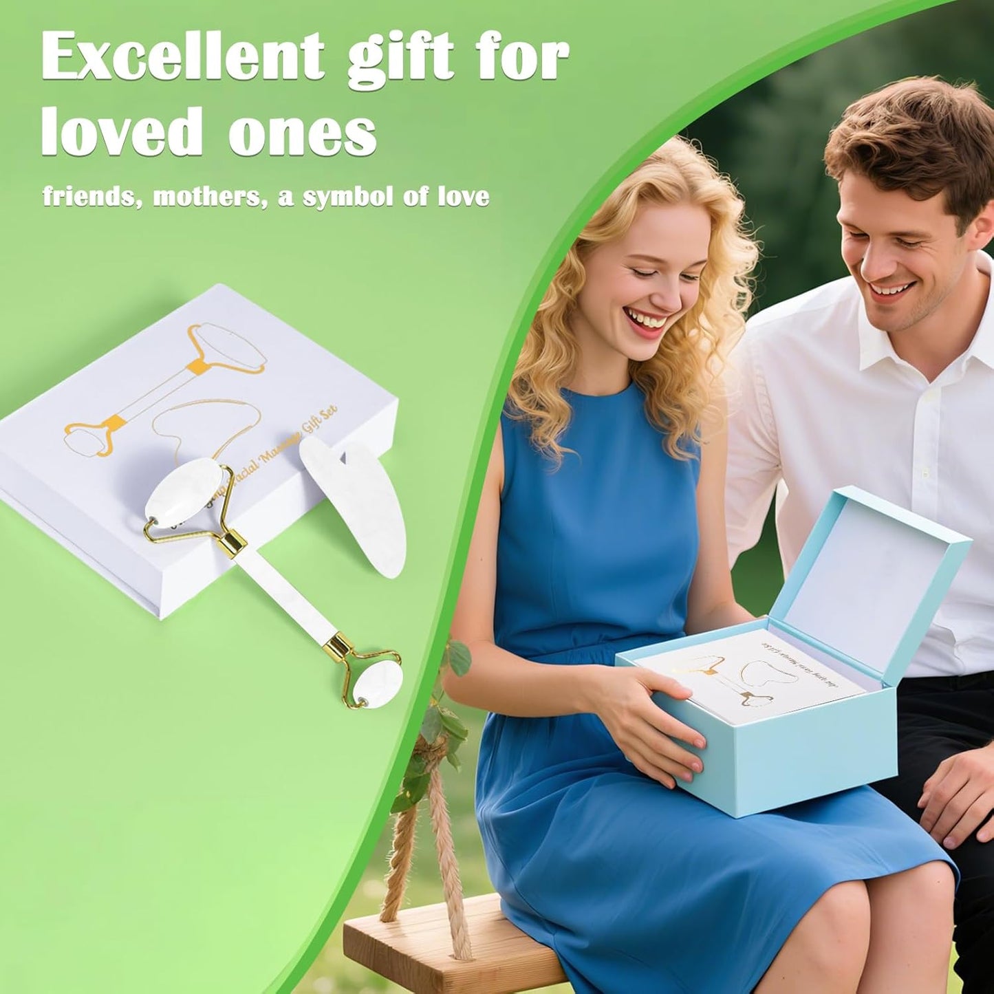 Natural Jade Roller & Gua Sha Set for Face, Facial Massager Tool for Skin Tightening, Anti-Aging, Puffiness Relief, Lymphatic Drainage - Spa Skincare Gift Set for Women (White)