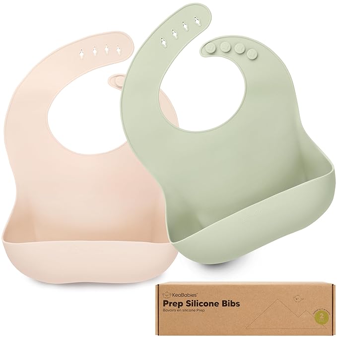 KeaBabies 2-Pack Silicone Baby Bibs for Eating - Sturdy Food-Grade Silicone Bibs for Babies Girl, Boy, Large Food Catcher, Clean & Put On Easily, Waterproof Toddler Feeding Essentials (Macaron)