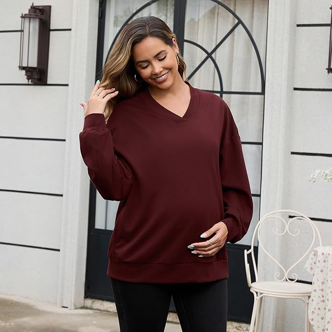 GINKANA Maternity Long Sleeve Shirts V Neck Sweatshirt Casual Tunic Tops Pregnancy Pullover with Pockets