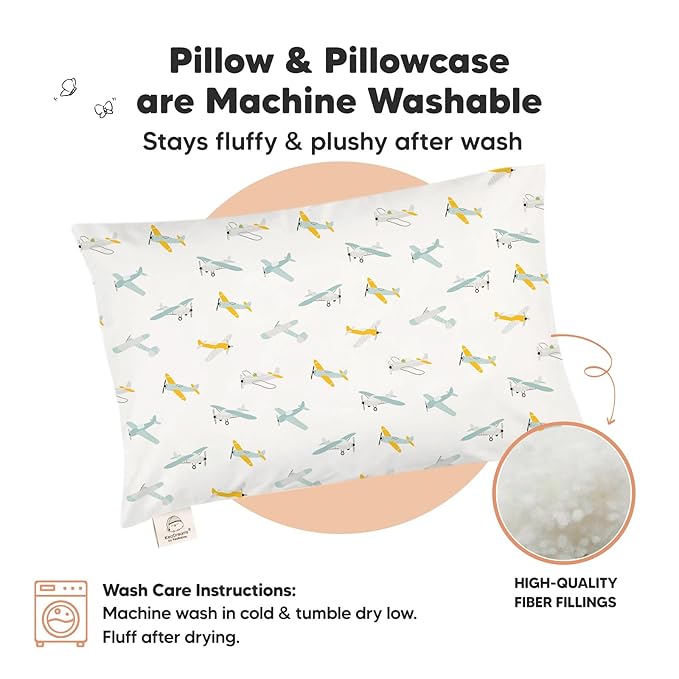 KeaBabies Toddler Pillow with Pillowcase, Jumbo 14X20 - Soft Organic Cotton Toddler Pillows for Sleeping - Machine Washable - Perfect for Travel, Toddler Bed Set (Plane)