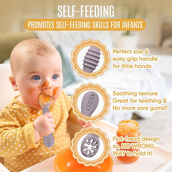 4pc Silicone Baby Spoons Self Feeding Baby Utensils 6-12 Months - 3 Baby Spoon - 1 Baby Fork - Toddler Cutlery Set - BPA Free, Dishwasher Safe, Baby Eating Essentials (Light pink/Army Green)