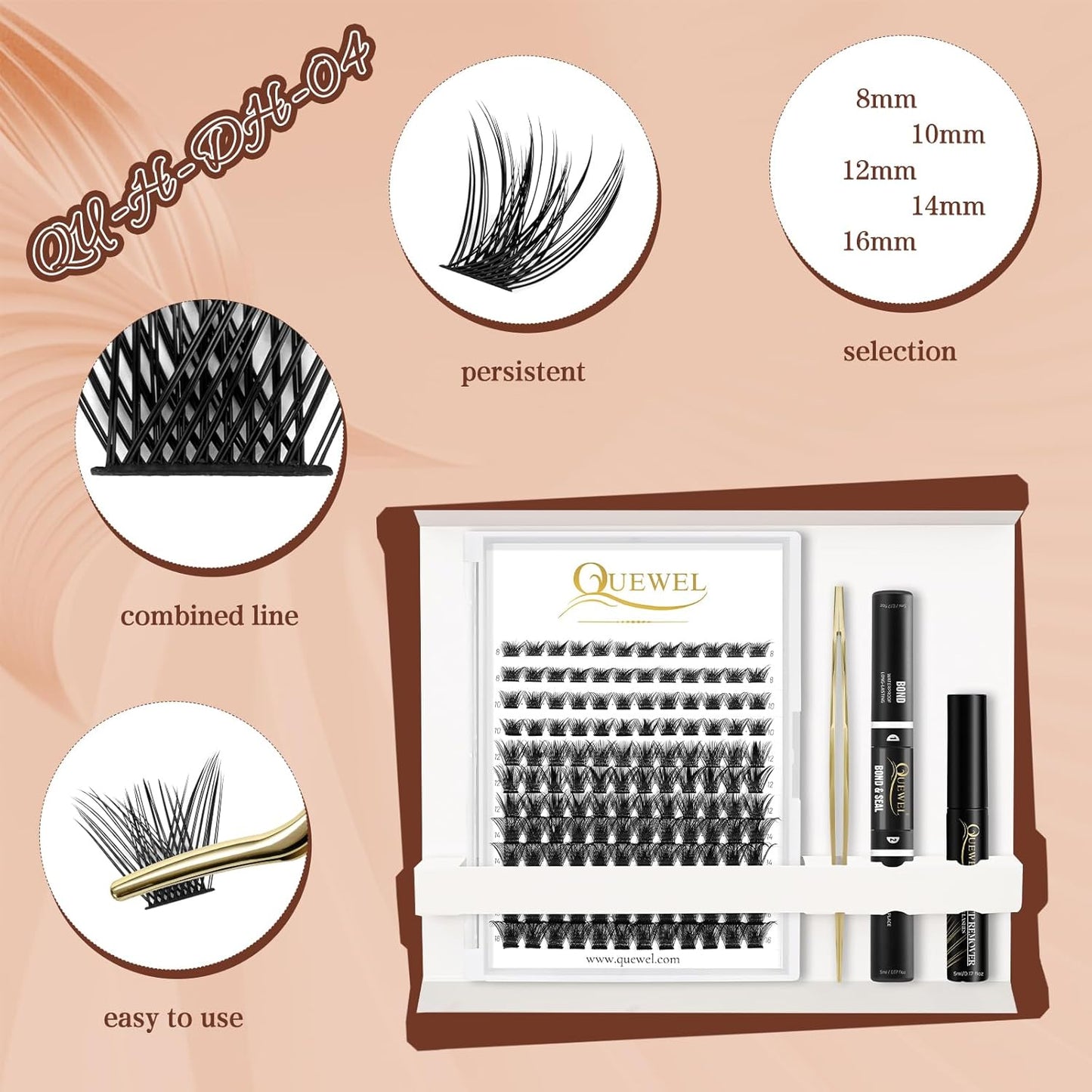 QUEWEL DIY Eyelash Extensions Kit, 144 Pcs Lash Clusters Eyelash Applicator Tool, Super Hold Bond and Seal, Clusters Lash Glue Remover Easy to Apply at Home(FD-QU-H-3D-02)