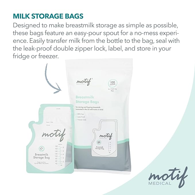 Motif Medical Breastmilk Storage Bags - Freezer Bag w/Easy Pour Spout, Write-On Label - Leak-Proof Double Zipper Milk Bags for Breastmilk - Breastfeeding Mom Gifts (6 oz, 300 Count)