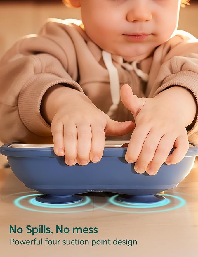 BABELIO 8'' Toddler Porcelain Plates with Silicone Suction Sleeves, Lead & BPA Free, Divided, Microwave & Dishwasher Safe, Stay Put, Suitable for Kids/Babies, Silver Gray