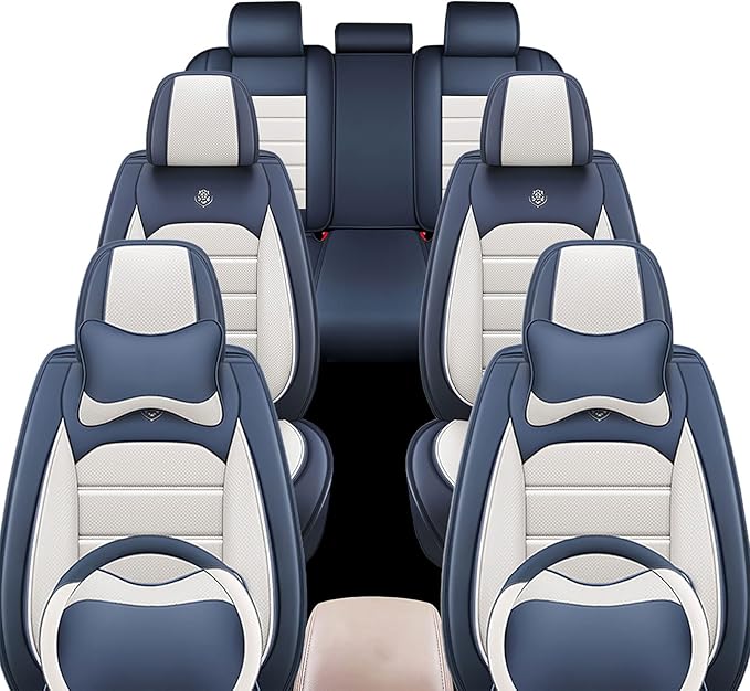 JOJ Fit for Toyota Highlander 2001-2022 Seat Covers,7 Seat Car Seat Cover,No-Slip Waterproof Breathable Faux Leather,Full Set with Pillow Steering Wheel Covers,Cream Blue