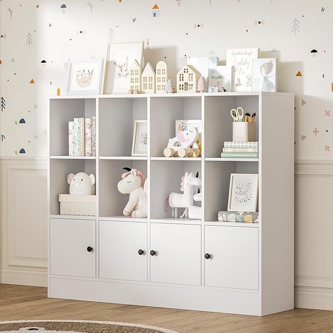 White Bookshelf, Wood Bookcase with 3 Tier Shelves, 12 Cube Storage Organizer with Doors for Bedroom, Living Room, 47.8" W x 39.1" H