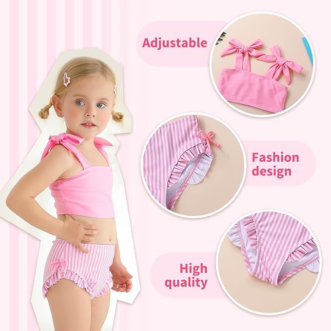 Toddler Swimsuit Girl Color Block Stripe Swimwear Baby Girl Summer Beach Bathing Suits Bikini Set with Ruffled Edges