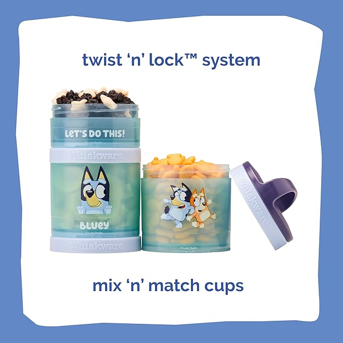 Whiskware Bluey Stackable Snack Containers for Babies, Toddlers, and Kids, 3 Stackable Snack Cups for School and Travel, Cupholder Friendly, Bluey and Bingo! Let’s Do This!