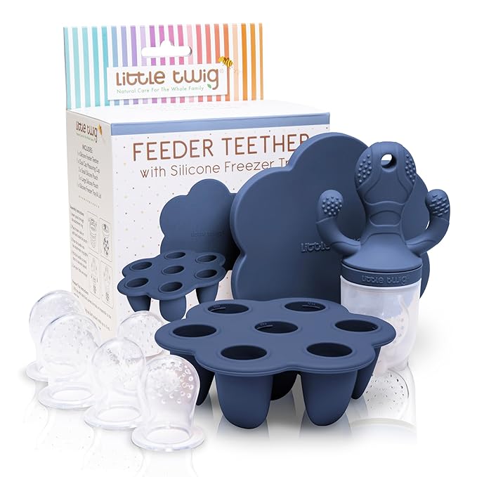 Little Twig Baby Fruit Feeder Pacifier Teether | Food Freezer Tray with Lid | BPA Free Silicone Freezable Teether | Feeding Set for Breast Milk Ice Cubes, Baby Food, Fruit Purees (Steel Blue)