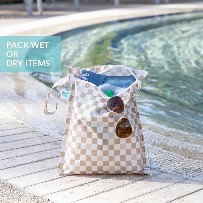 Bumkins - Waterproof Wet Bag & Clear Travel Bags - For Beach, Baby, Travel, Swim Suit, Cloth Diapers, Pump Parts, Pool, Gym, Toiletries - Reusable & Easy to Clean - Beige Check - 4 Pack