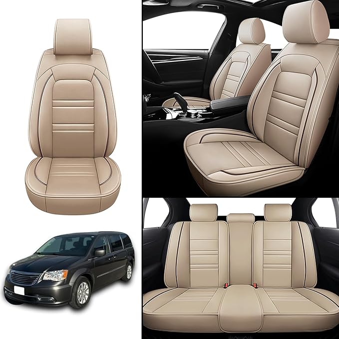 Seat Covers for Chrysler Car Town and Country 2000-2016 | 5-Seats Leather Seat Covers, Easy to Install Automotive Seat Covers Full Set (Full Set, Beige)