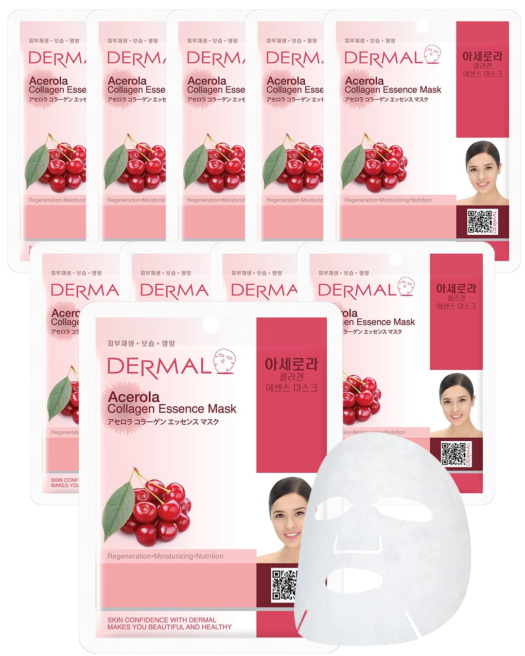 DERMAL Acerola Collagen Essence Facial Mask Sheet 23g Pack of 10 - Skin Clearing, Reduces Blemishes, Elasticity Care, Daily Skin Treatment Solution Sheet Mask