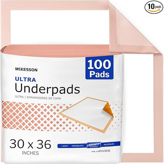 McKesson Underpads Disposable Bed Pads 30" x 36" [100 Count], Heavy Absorbency, Ultra Incontinence Chux Pads for Adults, Elderly, and Baby, Pee Pads