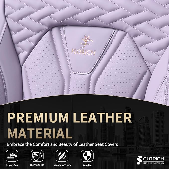 FLORICH Leather Car Seat Covers Full Set, Purple Car Seat Cover, Universal Full Coverage Car Seat Covers Waterproof Car Seat Cushion Protector Front Seats and Rear Fit for Most Cars Trucks SUVs