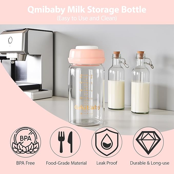 Breast Milk Storage Bottles 240ml 8oz BPA-Free Leak-Proof Natural Baby Bottle for Breastmilk Storage Wide Neck Bottles with Screw Ring Sealing Disk Breastfeeding (Grey+Pink, 240ml-4Packs)