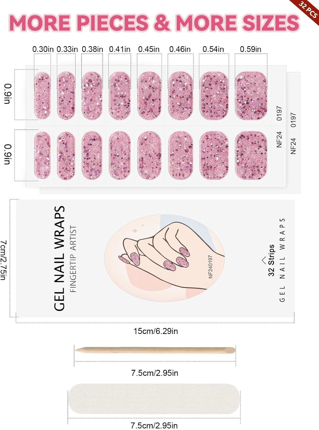 EBANKU Valentine Gel Nail Strips, 32PCS Semi Cured Real Nail Polish Strips, Heart with Glitter Pattern, Pink