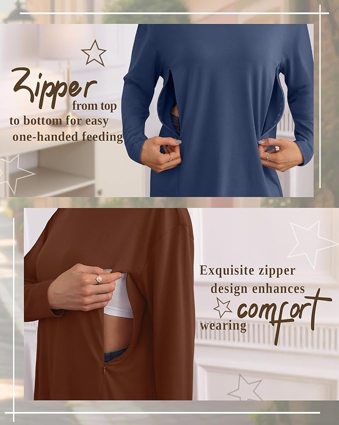 3 Pack Women's Nursing Breastfeeding Tops, Long Sleeve Maternity Shirts Oversize Hidden Zipper Pregnancy Clothes